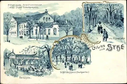 Litho Syke in Niedersachsen, Hotel zum Schützenhaus, Im Friedeholze, Veranda