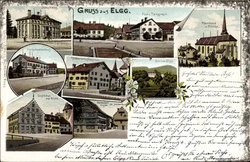 Litho Elgg Kanton Zürich, Schule, Post, Pfarrhaus, Kirche, Restaurant Frohsinn, Schloss, Zur Krone