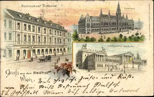 Litho Wien 8 Josefstadt, Restaurant Riedhof, Rathaus, Reichsratsgebäude