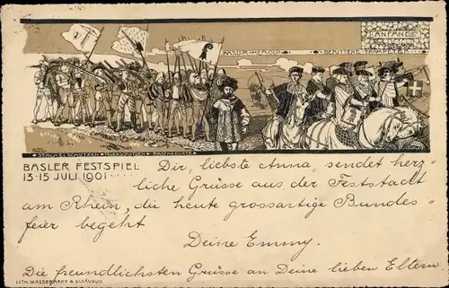 Litho Basel Bâle Stadt Schweiz, Basler Bundesfeier 1901, Festspiel, Herold, Berittene Trompeter