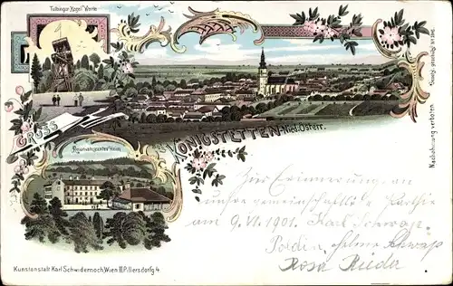 Litho Königstetten in Niederösterreich, Reconvalescentenheim, Tulbinger Kogel Warte, Aussichtsturm