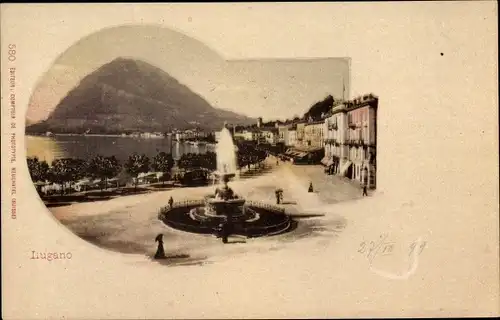 Ak Lugano Kanton Tessin Schweiz, Blick auf den Ort, Springbrunnen