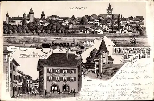 Litho Estavayer le Lac Kanton Freiburg, Schloss, Rathaus, Totalansicht
