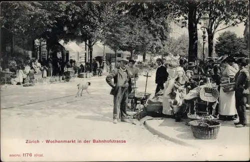 Ak Zürich Stadt Schweiz, Wochenmarkt in der Bahnhofstraße