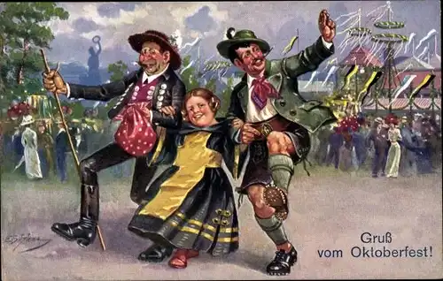 Künstler Ak Schlemo, E., München, Oktoberfest, Münchner Kindl, Feiernde in Trachten