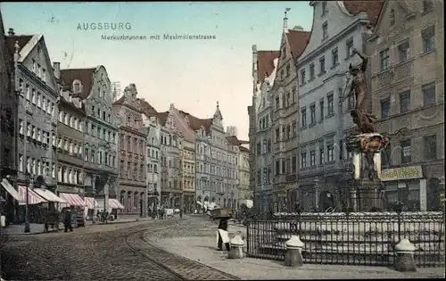 Ak Augsburg in Schwaben, Merkurbrunnen mit Maximilianstraße
