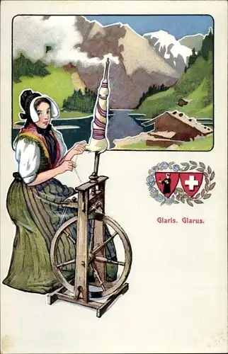 Wappen Ak Kanton Glarus, Frau in Volkstracht am Spinnrad