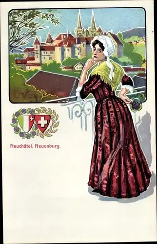 Wappen Ak Kanton Neuchatel, Frau in Volkstracht