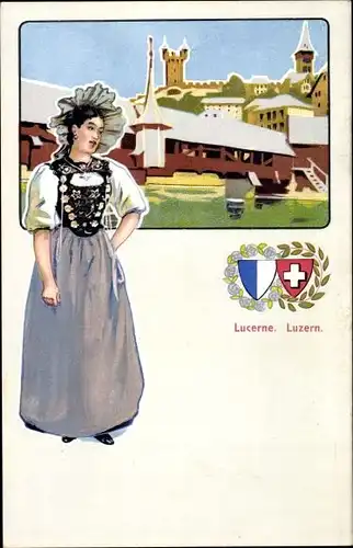 Wappen Ak Luzern Stadt Schweiz, Stadtbild, Frau in Luzerner Tracht