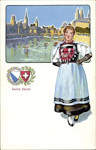 Wappen Ak Kanton Zürich Schweiz, Frau in Volkstracht