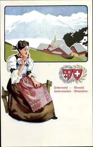 Wappen Ak Obwalden, Frau in Volkstracht, Unterwald, Obwald