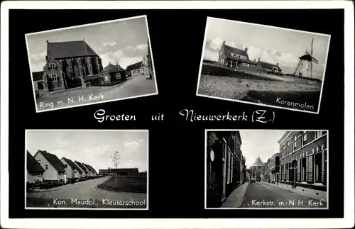 Ak Nieuwerkerk Schouwen-Duiveland Zeeland Niederlande, Korenmolen, Kerkstr, N. H. Kerk, Ring
