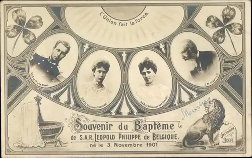 Ak König Albert I von Belgien, Elisabeth Gabriele in Bayern, Taufe von Prinz Leopold 1901
