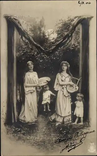 Buchstaben Ak Buchstabe M, Kinder, Frauen, Farbpalette, Musikinstrument, Mondschein