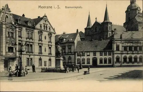 Ak Meerane in Sachsen, Bismarckplatz mit Bismarckdenkmal