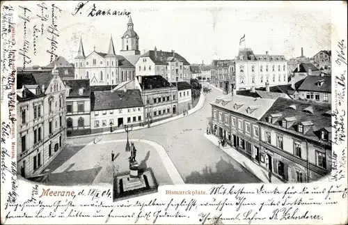 Ak Meerane in Sachsen, Bismarckplatz mit Bismarckdenkmal