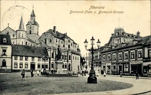Ak Meerane in Sachsen, Bismarckplatz mit Bismarckdenkmal, Bismarckstraße, Geschäft Albert Hoffmann