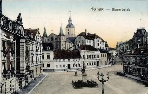 Ak Meerane in Sachsen, Bismarckplatz mit Bismarckdenkmal