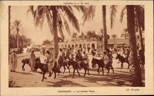 Ak Touggourt Algerien, La Grande Place, Straßenszene, Reiter auf Eseln