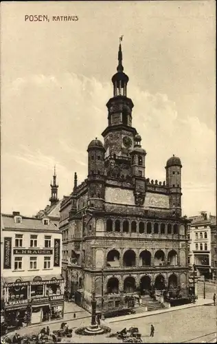 Ak Poznań Posen, Rathaus, L. Kraus, Korbwaren, Rohrmöbel, Kinderwagenhaus
