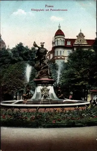 Ak Poznań Posen, Partie am Königsplatz mit Perseusbrunnen