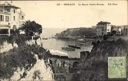 Ak Monaco, Le Ravin de Sainte Dévote, Schlucht, Viadukt, Dampflok