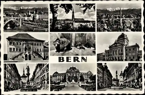 Ak Bern Stadt Schweiz, Panorama, Kirche, Brücke, Statue, Denkmal, Bären