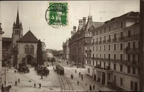 Ak Lausanne Kt. Waadt Schweiz, Place St. Francois, Kirche, Straßenbahn, Kutschen