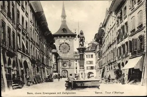 Ak Bern Stadt Schweiz, Obere Kramgasse mit Zeitglocken, Tour d'Horloge