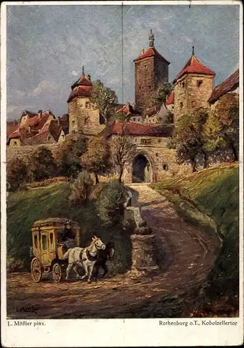 Künstler Ak Mößler, L., Rothenburg ob der Tauber Mittelfranken, Kobolzellertor, Postkutsche