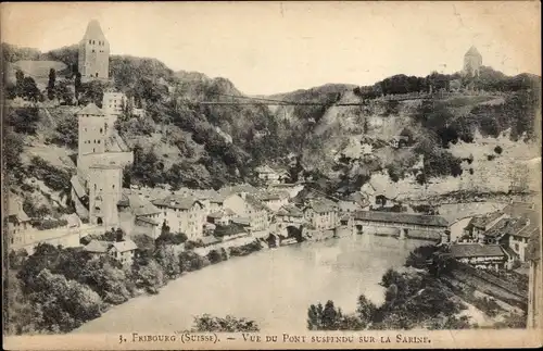 Ak Fribourg Freiburg Stadt Schweiz, Vue du Pont suspendu sur la Sarine