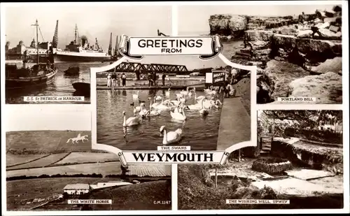 Ak Weymouth South West England, Swans, S.S. St. Patrick in Harbour, White Horse, Wishing Well