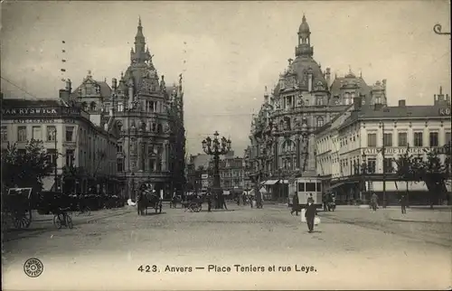 Ak Anvers Antwerpen Flandern, Place Teniers et rue Leys, Straßenbahn