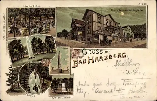 Litho Bad Harzburg am Harz, Hotel Restaurant Burgkeller, Siegesdenkmal, Bismarckdenkmal, Radaufall