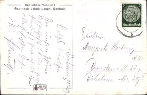 Ak Senhals, Blick von der Hindenburghöhe, Senheim, Gasthaus Jakob Losen, Mosel