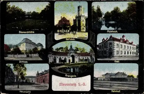 Passepartout Ak Meuselwitz im Kreis Altenburger Land, Rathaus, Bismarckhöhe, Mühlt., Post, Bahnhof