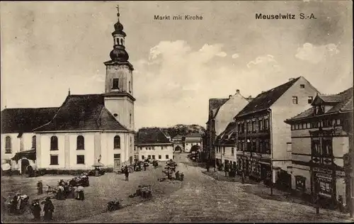 Ak Meuselwitz in Thüringen, Markt mit Kirche