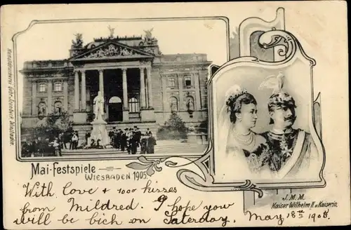 Jugendstil Ak Wiesbaden in Hessen, Mai Festspiele, Kaiser Wilhelm II und Kaiserin Auguste Viktoria