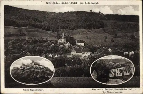 Ak Nieder Beerbach Mühltal im Odenwald, Burg Frankenstein, Gasthaus Pension Darmstädter Hof