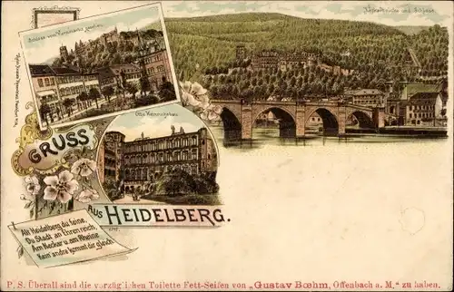 Litho Heidelberg am Neckar, Schloss vom Kornmarkt gesehen, Otto-Heinrichsbau, Brücke