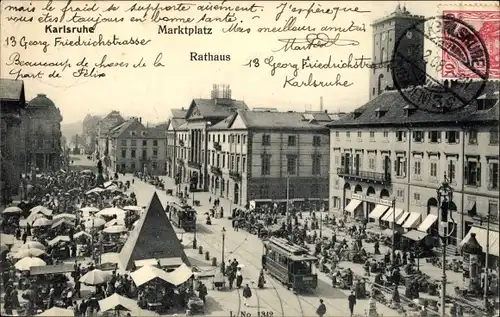 Ak Karlsruhe in Baden, Marktplatz, Rathaus, Straßenbahn, Pyramide