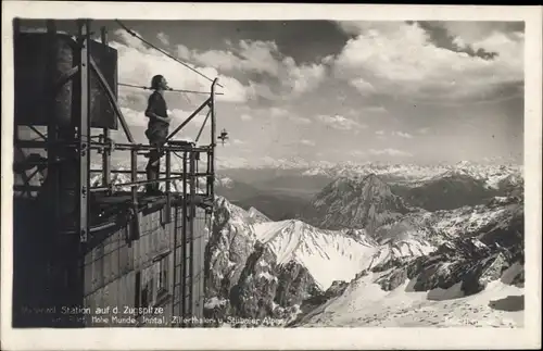 Ak Zugspitze, Metereolog. Station, Blick aufs Platt, Hohe Munde, Inntal, Zillerthaler Alpen