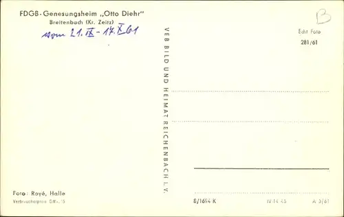 Ak Breitenbach Wetterzeube im Burgenlandkreis, FDGB-Genesungsheim Otto Diehr