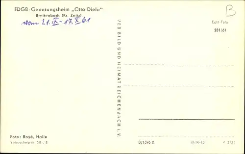 Ak Breitenbach Wetterzeube im Burgenlandkreis, FDGB-Genesungsheim Otto Diehr