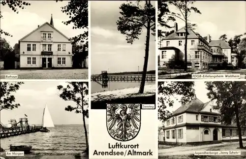 Wappen Ak Arendsee Altmark, Rathaus, Anlegestelle, Segelboot, Erholungsheim Waldheim, Jugendherberge