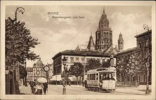 Ak Mainz am Rhein, Gutenbergplatz und Dom, Straßenbahn 38