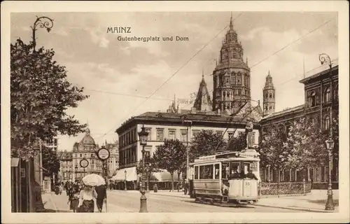 Ak Mainz am Rhein, Gutenbergplatz und Dom, Straßenbahn 38