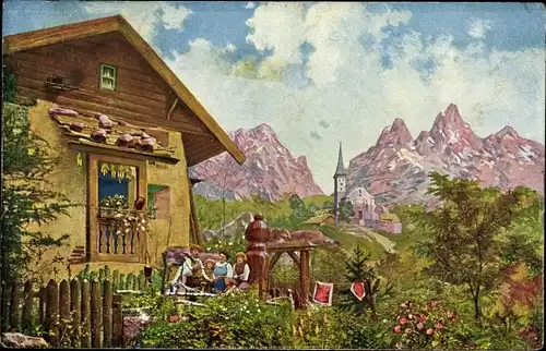 Künstler Ak Ötigheim im Schwarzwald, Volksschauspiel, Wilhelm Tell, Berge, Kirche