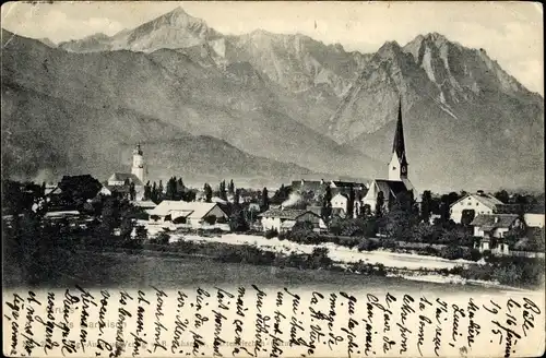 Ak Garmisch Partenkirchen in Oberbayern, Panorama mit Kirche