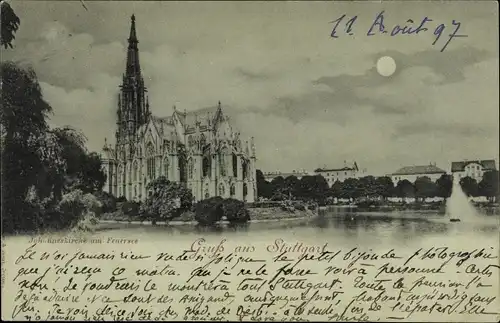 Mondschein Ak Stuttgart in Württemberg, Johanneskirche am Feuersee
